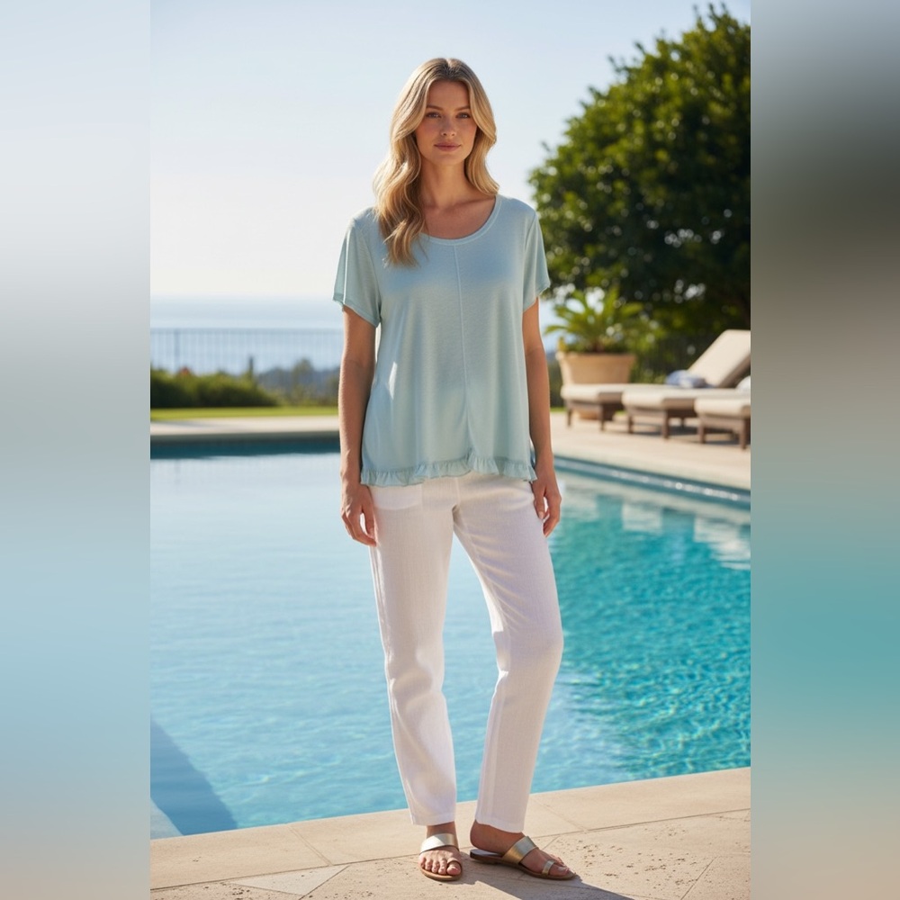 Anthropologie Ice Blue Ruffle Hem T'Shirt Boho Cottagecore Whimsical Women's M
